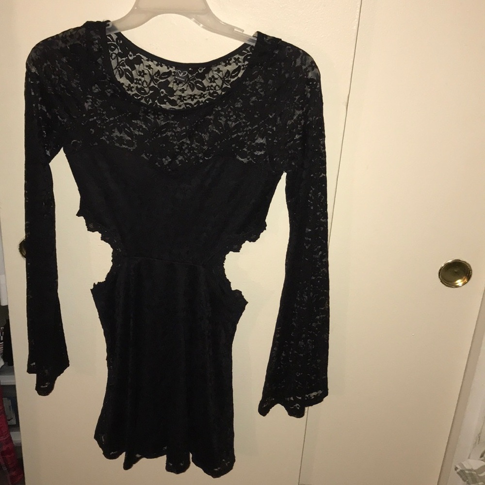 Black bell sleeve lace dress with cut outs